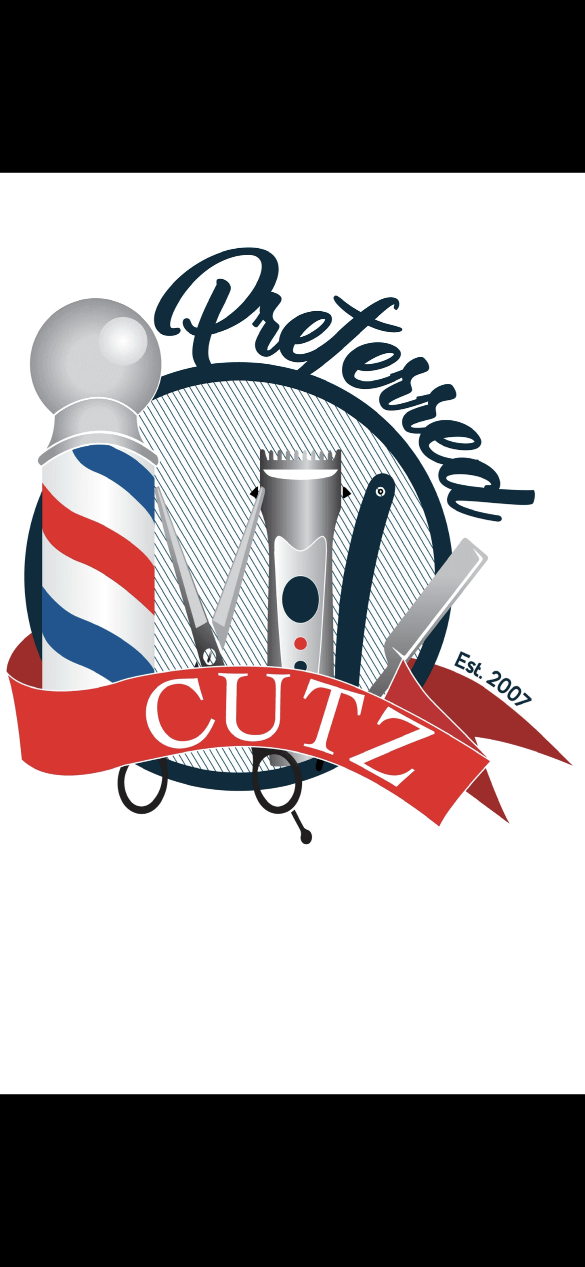 Preferred CUTZ barbershop logo featuring a barber pole, scissors, clippers, and a straight razor.